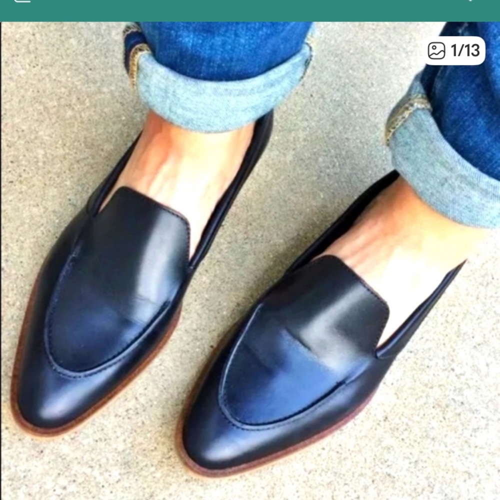 EVERLANE  The Modern Loafer in Navy Leather, stacked Heel, Pointed Toe, size 7.5